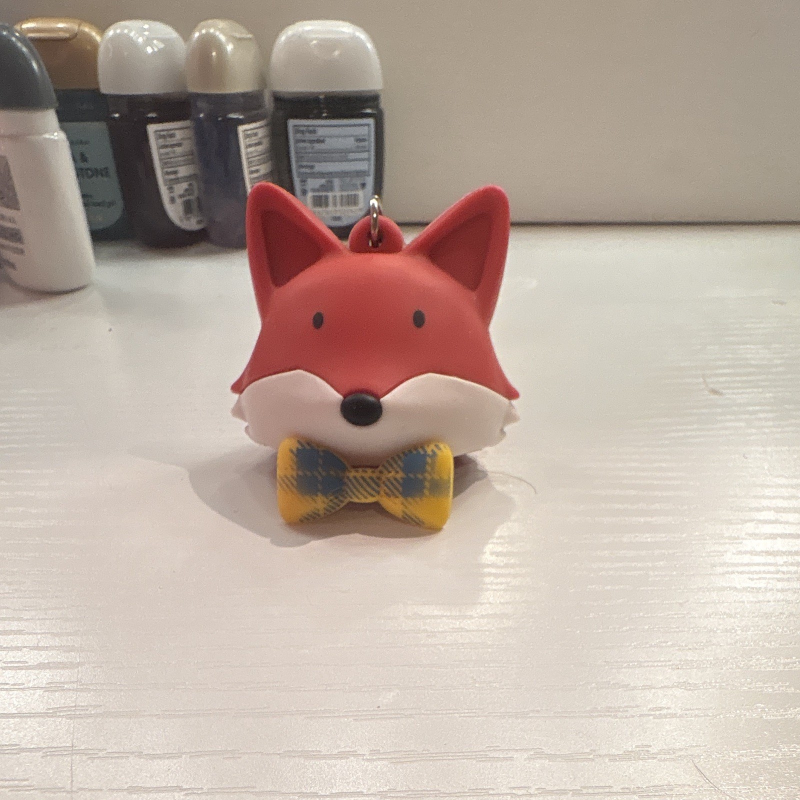 Fox Head Key Chain Charm, Plastic, Orange/White/Yellow/Blue Bow Accent