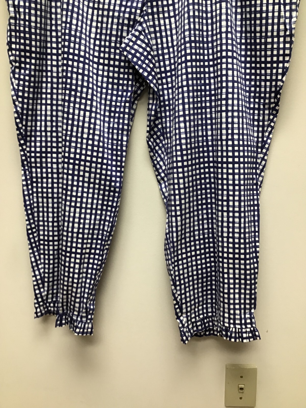 Dennis Basso Womens Blue Gingham Plaid Ruffled Hem Straight Leg Ankle Pants 26W