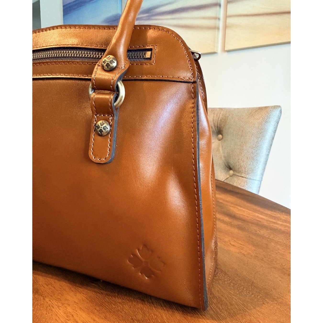 Patricia Nash Calvi Satchel Heritage Tan Leather Crossbody With Chain NWT