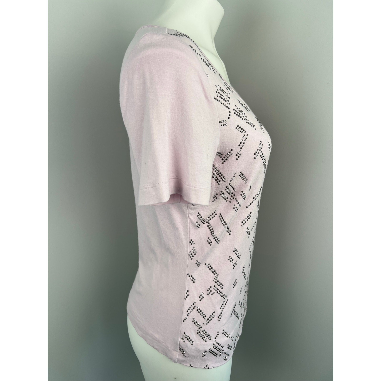Women’s St.John Pink Embellished Rhinestone Studded Short Sleeve Blouse Small