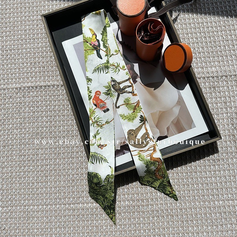 Sallys 100% Twill Silk Scarf Ribbon Jungle Print Bag Head Band Neck Tie 85x5cm