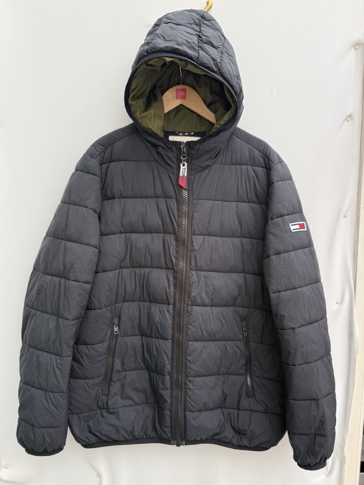 Tommy Jeans Hooded Quilted Puffer Jacket Coat Black Full Zip Lightweight Mens XL