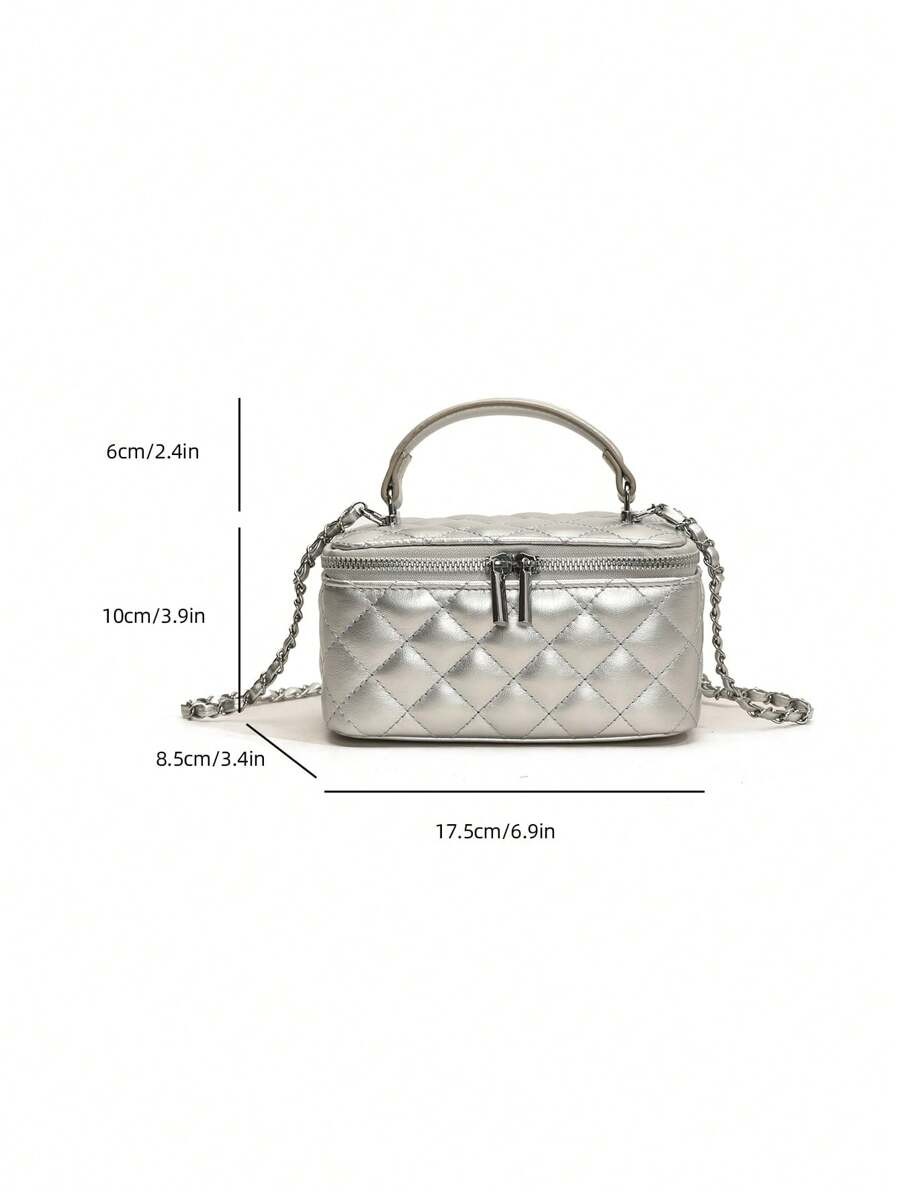 Fashionable Quilted Box Bag Plain Mini Crossbody Chain Strap Zipper Purse