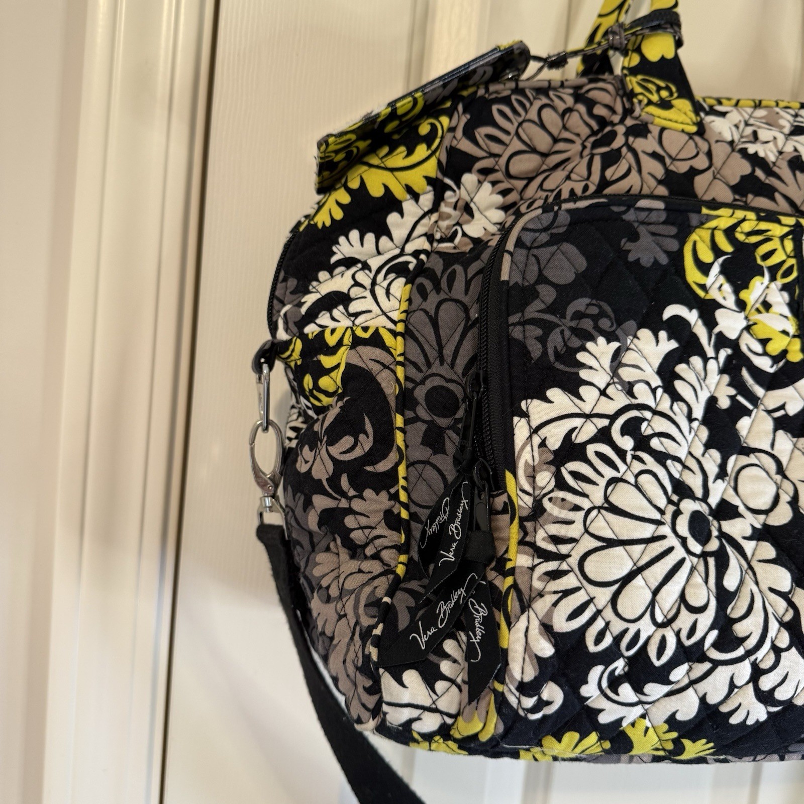 Vera Bradley Fanfare Traveler Weekender Bag Black White Yellow Boho Paisley