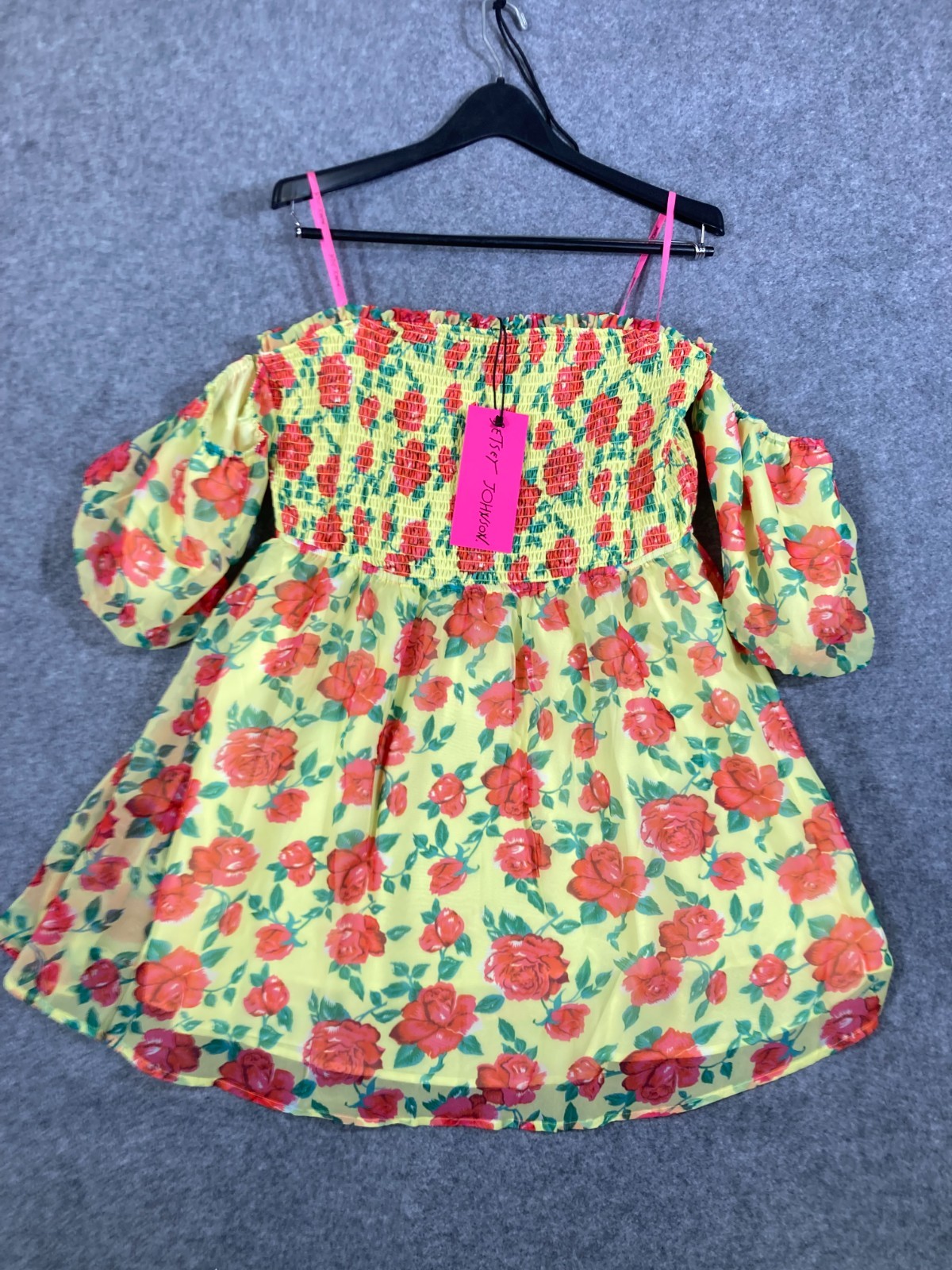 Betsey Johnson Baby Doll Dress Womens XL Yellow Floral Smocked Puff Sleeve NWT