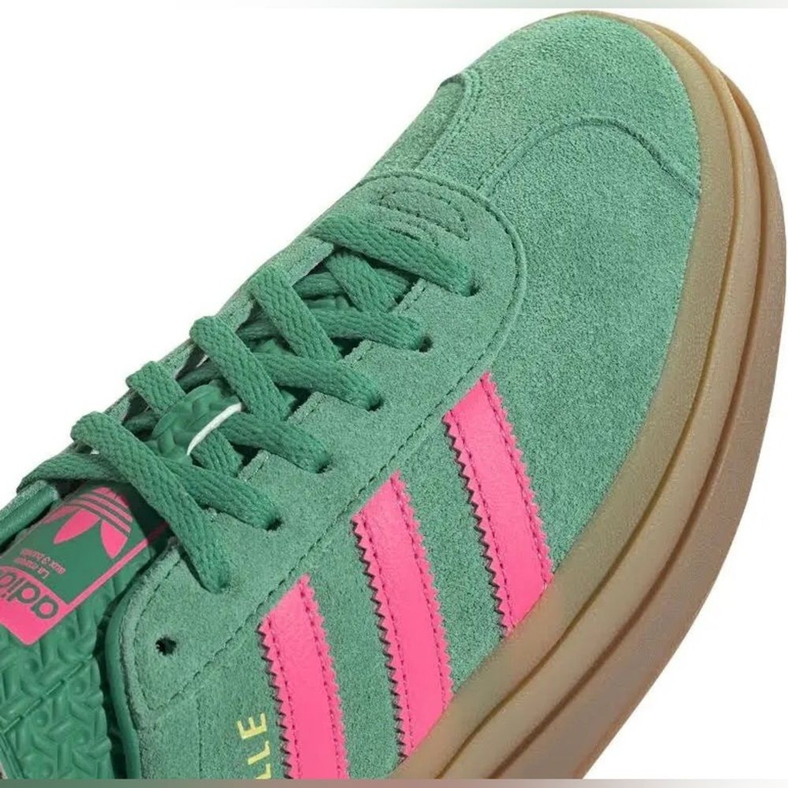 NWT Adidas Gazelle Bold in Court Green & Lucid Pink with a platform sole Size 10