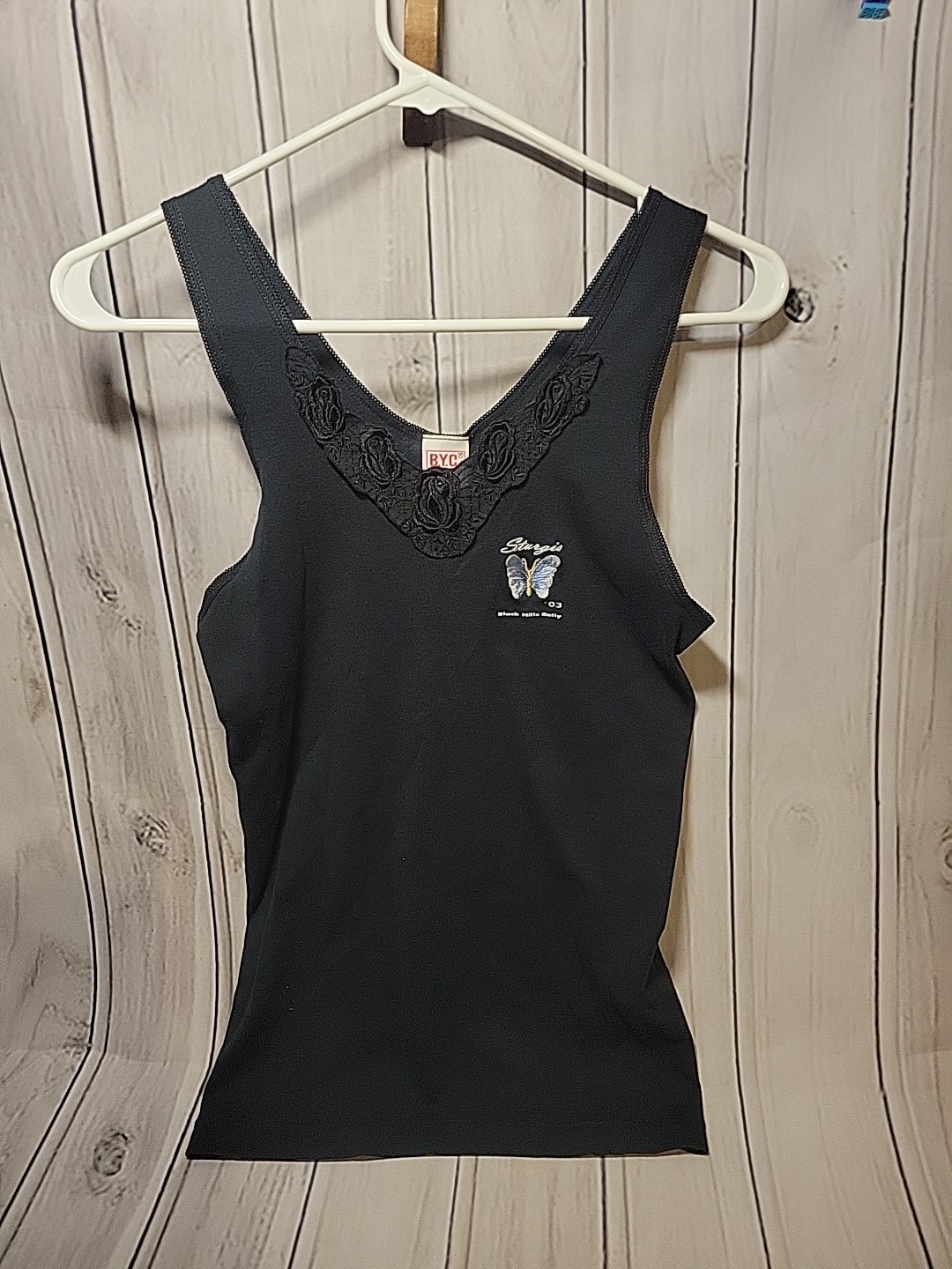 Vintage BYC Sturgis 03′ Black Hills Rally Tank Top Rose Lace Trim Neck Black XL