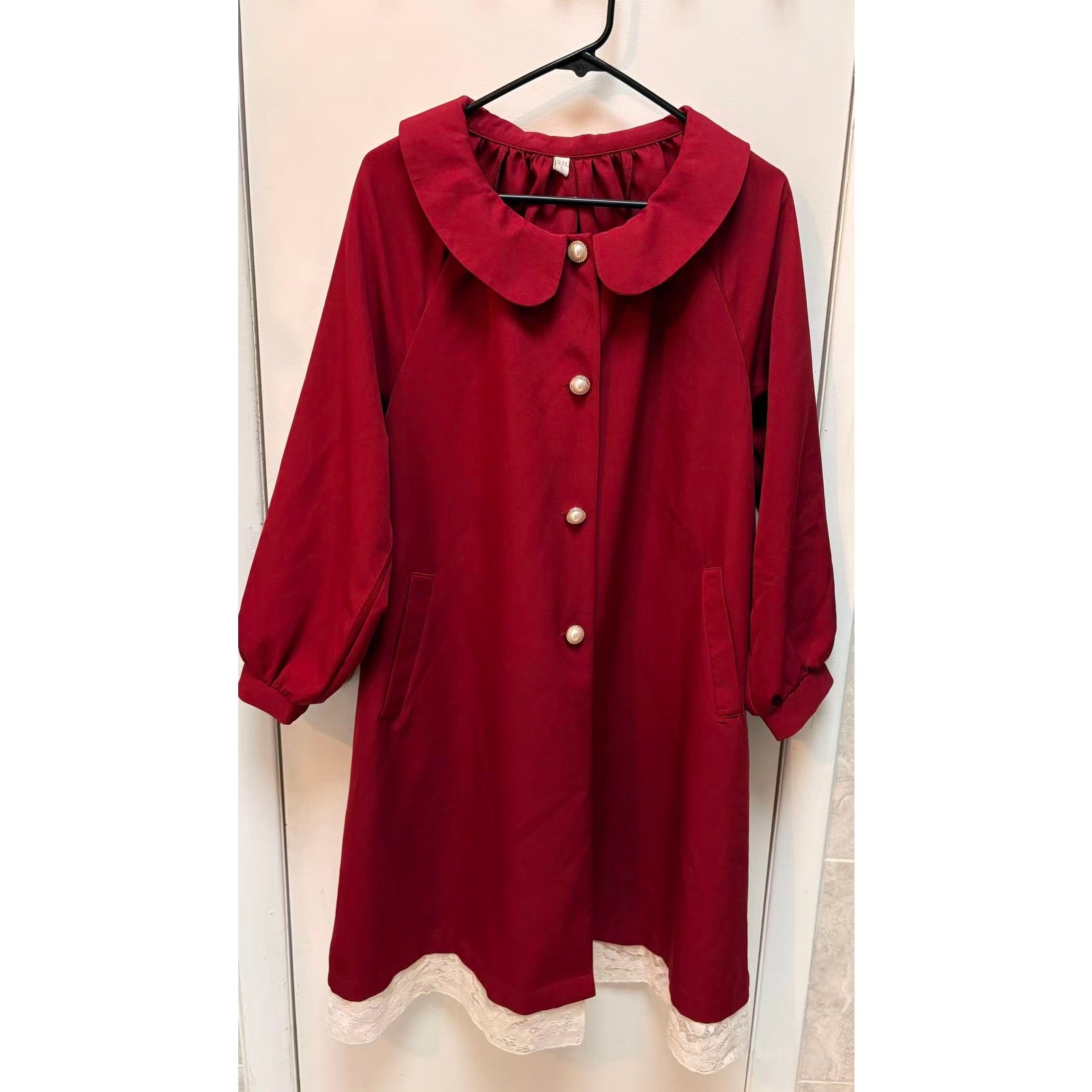 Red Vintage Peter Pan Collar Coat Pearl Button Lace Trim Babydoll Jacket Sz M