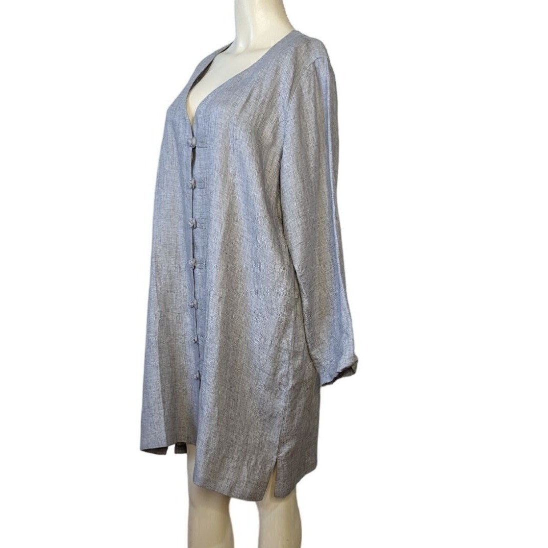 VIVID Natural long sleeve minimalist design button front gray Linen mini dress L