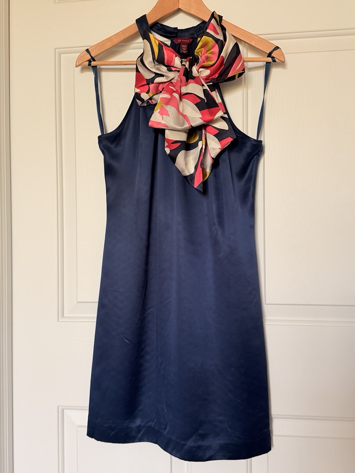TED BAKER 100% Silk Womens Halter Bow Blue Dress Size 1 US 2-4