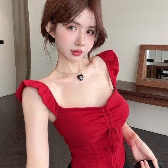 Red Camisole Bishop Sleeves Square Neckline Womens Sleeveless Top