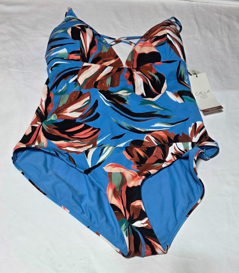 CALIA Women’s Swim One Piece Triangle Strappy Back Tranquil BLUE Floral – 8 NEW