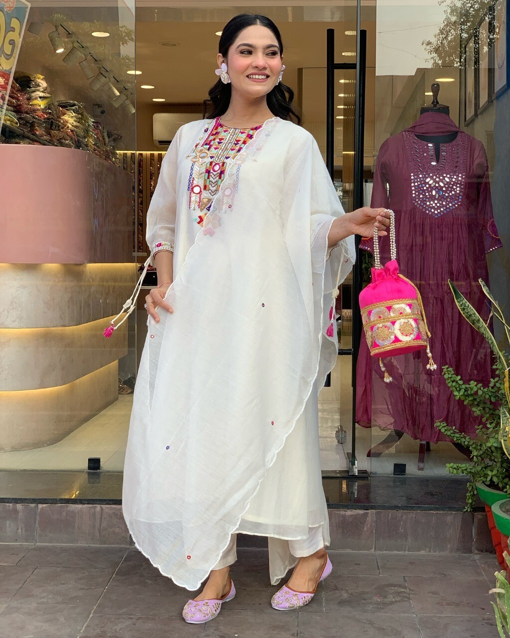 Indian Women Chanderi Silk Anarkali Kurta Pant Dupatta Set Kurti Salwar Kameez