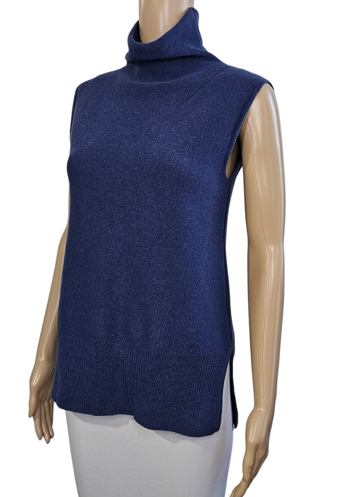 VINCE Blue Side Slit 100% Cashmere Sleeveless Turtleneck Sweater in Ink S $320
