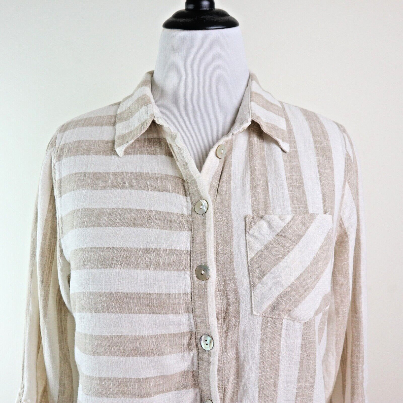 Soft Surroundings Size L Camina Linen Blend Tunic Stripe Cream Brown