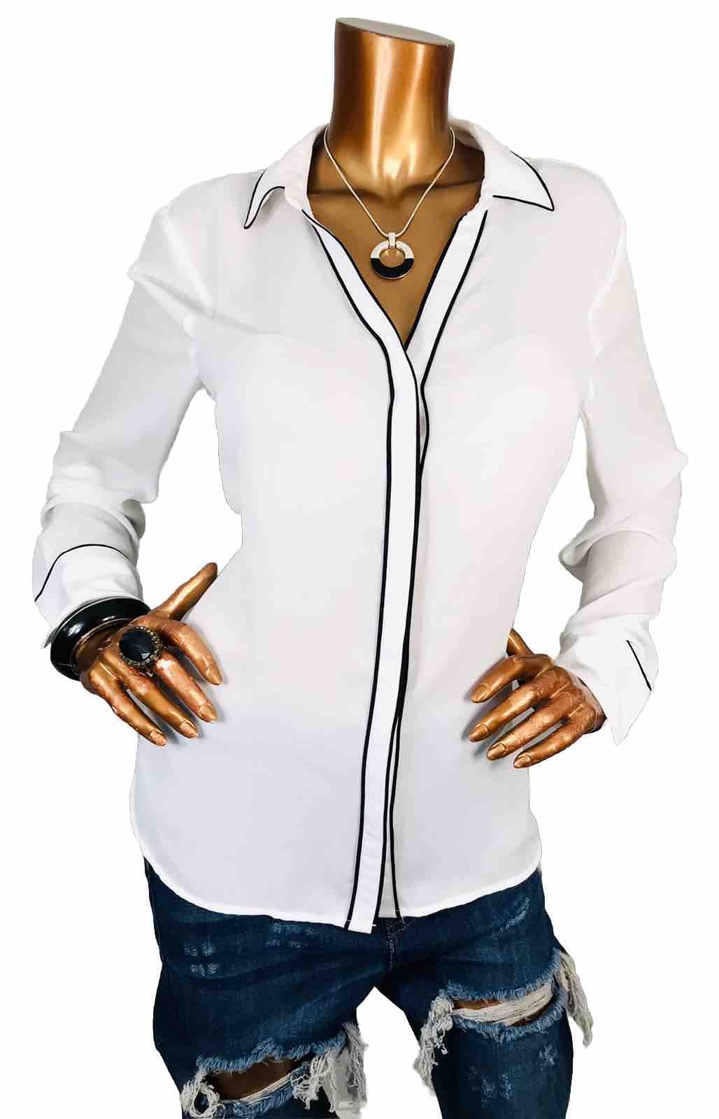 Worthington L Top NWT $37 Sheer Black White Button Up Shirt Blouse Lite Low Cut