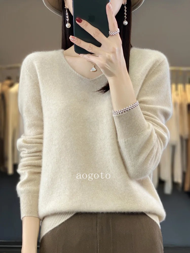 Women’s V-neck Pullover Sweater Knitwear Soft Warm Cashmere Loose Grace Style