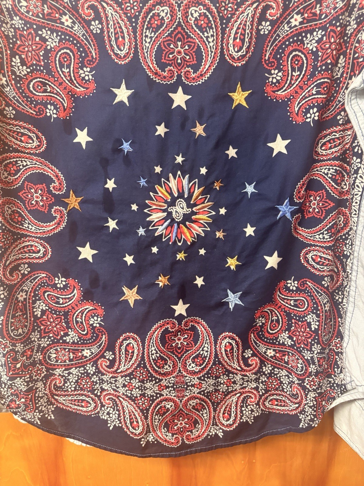 Free People Women’s S/P Blue Denim Button Front Paisley Long Sleeve Shirt
