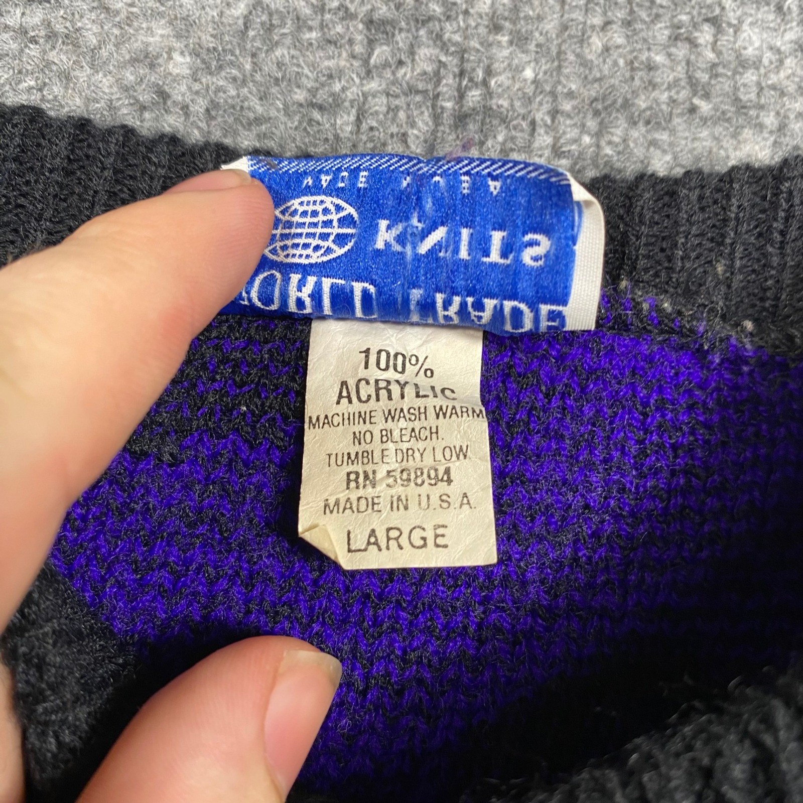 Vintage World Trade Knits Purple Black Polka Dot Colorblock Sweater Mens Large