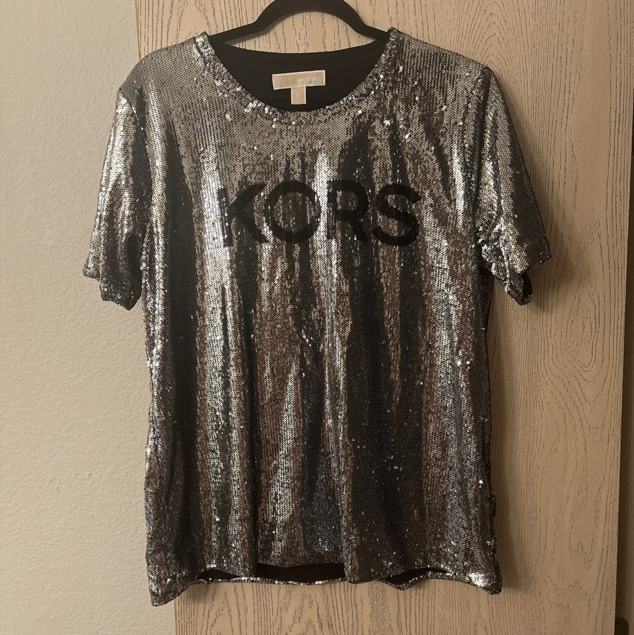 Michael Michael Kors Women’s XL Silver/Black Sequin KORS Logo Crew Neck Knit Tee