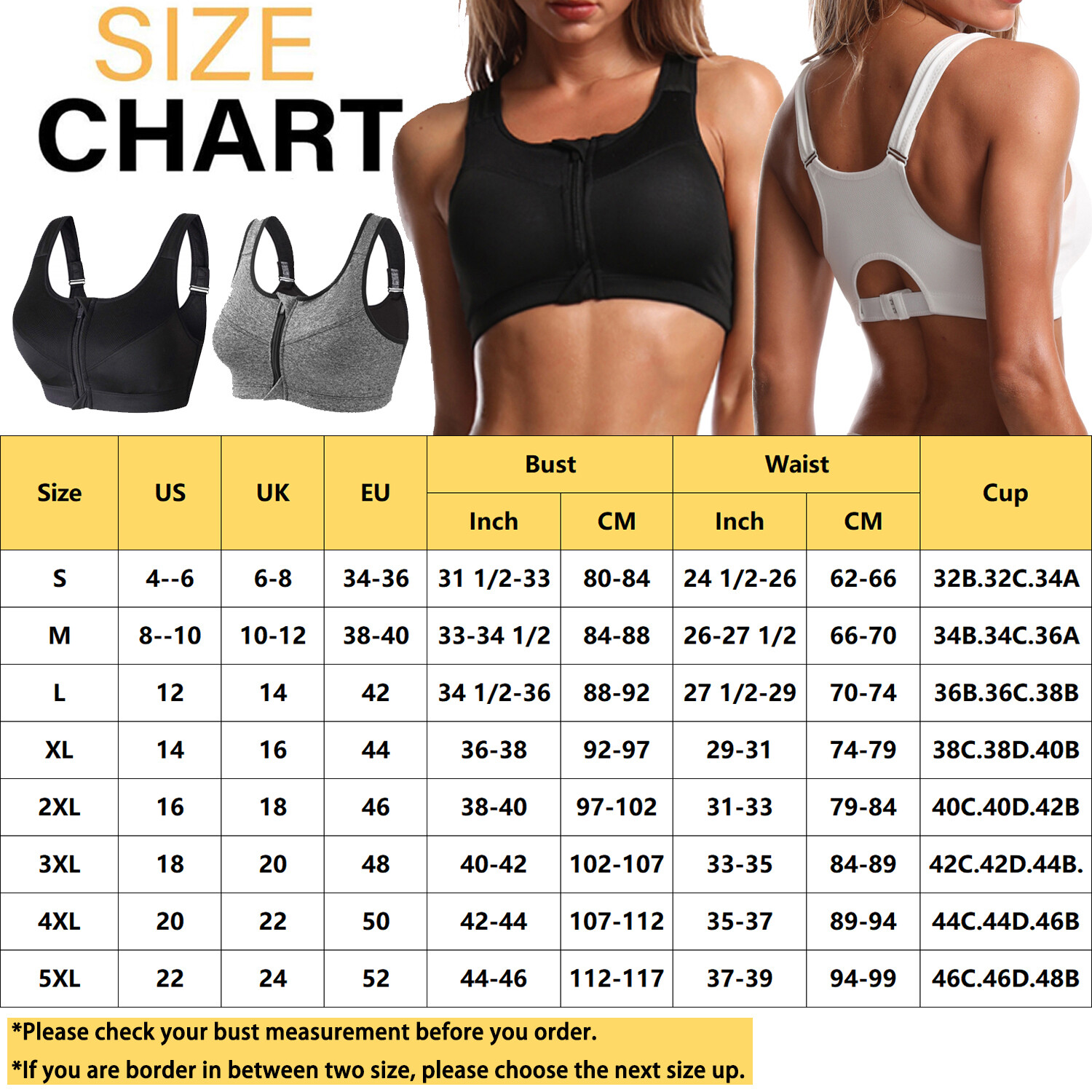 Women’s High Support Push Up Zip Front Close Padded Sports Bra Workout Plus Size