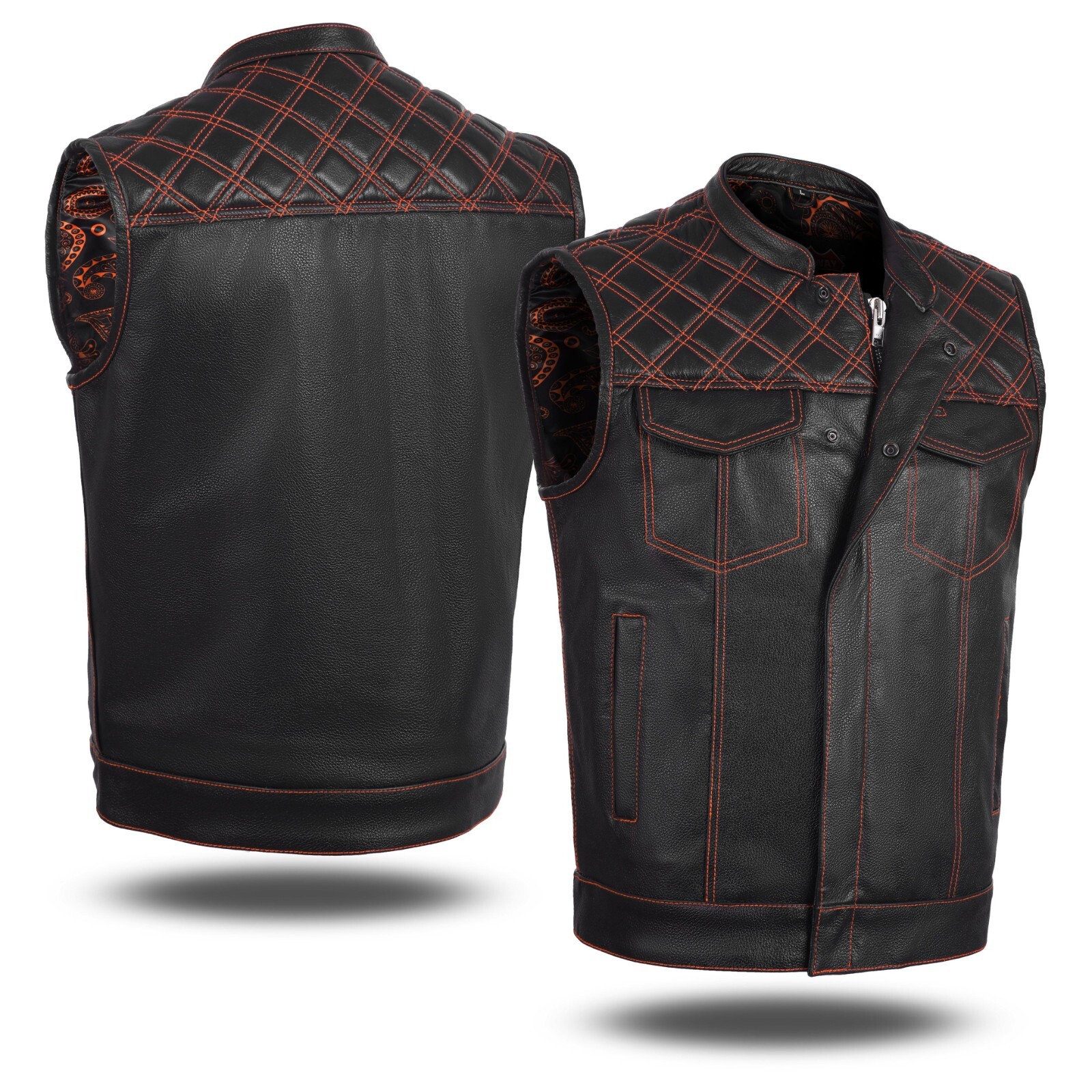 ORANGE HL11693SPTORANGE Black Men Cross Stitch Club Leather Vest