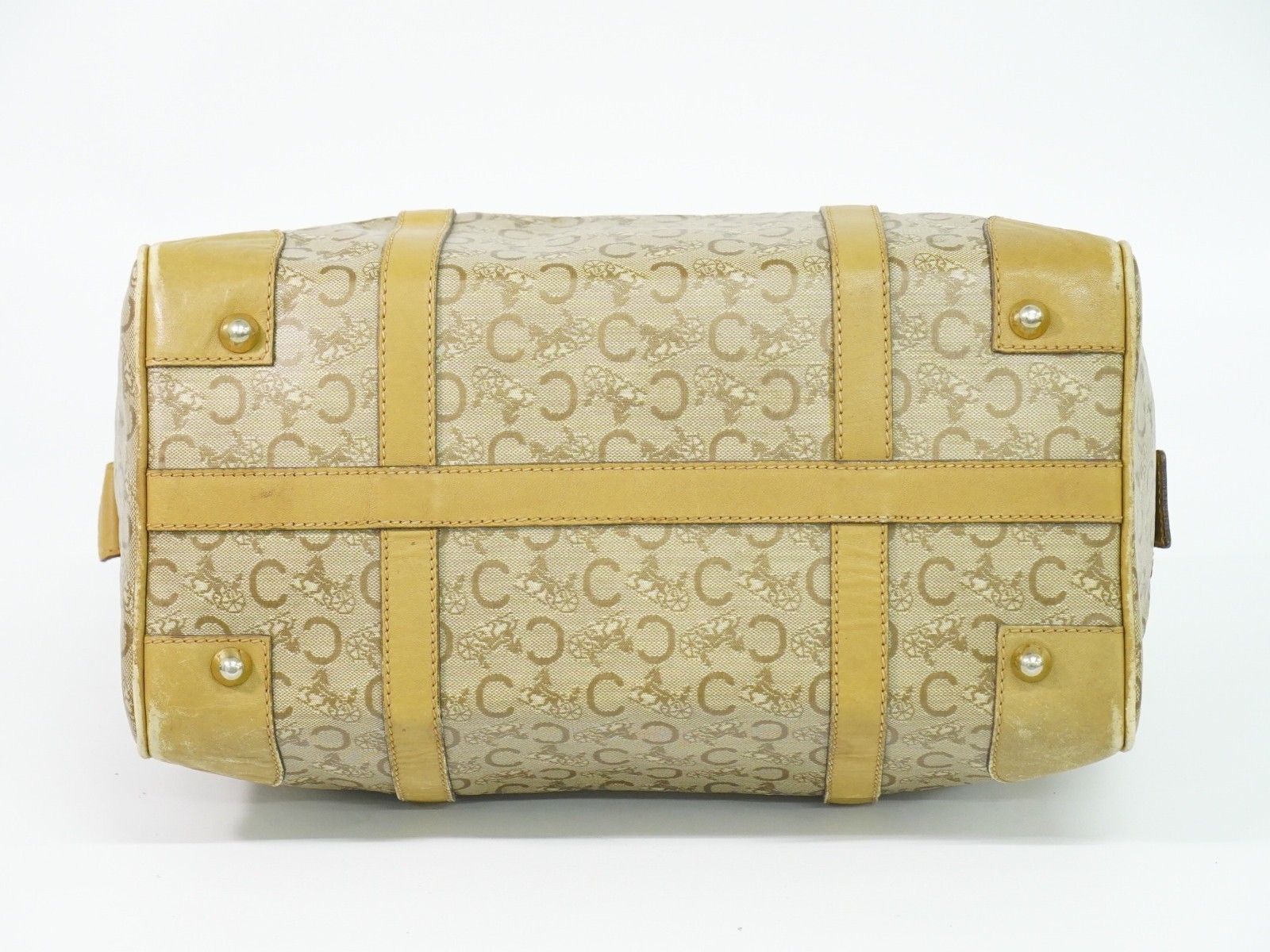 CELINE C Macadam PVC Boston Handbag Beige Gold