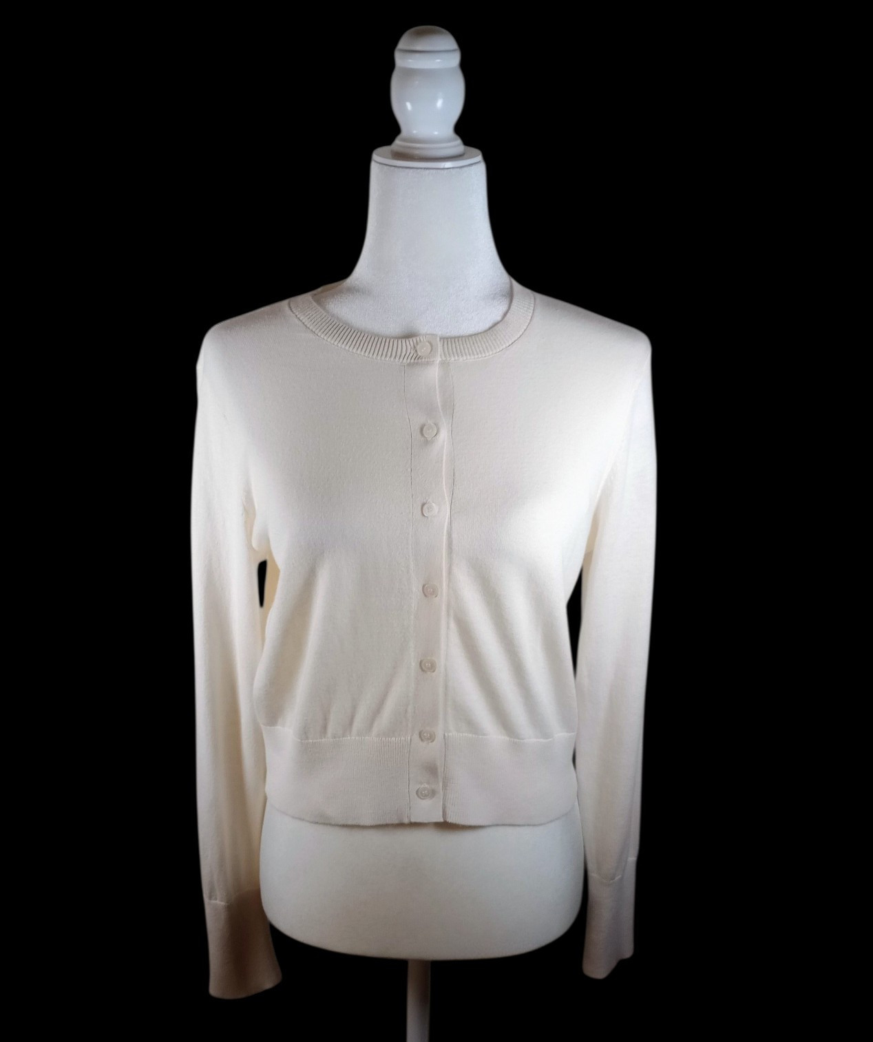LOFT Ivory Cropped Button Up Long Sleeve 100% Cotton Cardigan Sweater Sz Small