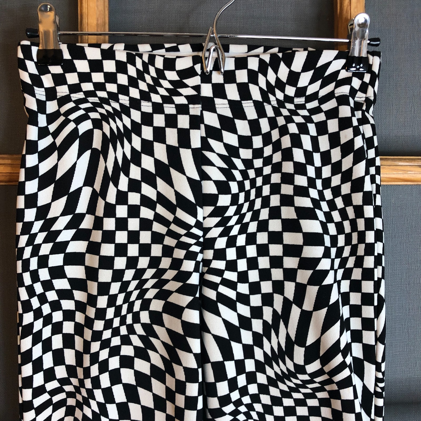 Garage Womens XS Black White Warped Checker Bell Bottom Flare Pants Disco 70s