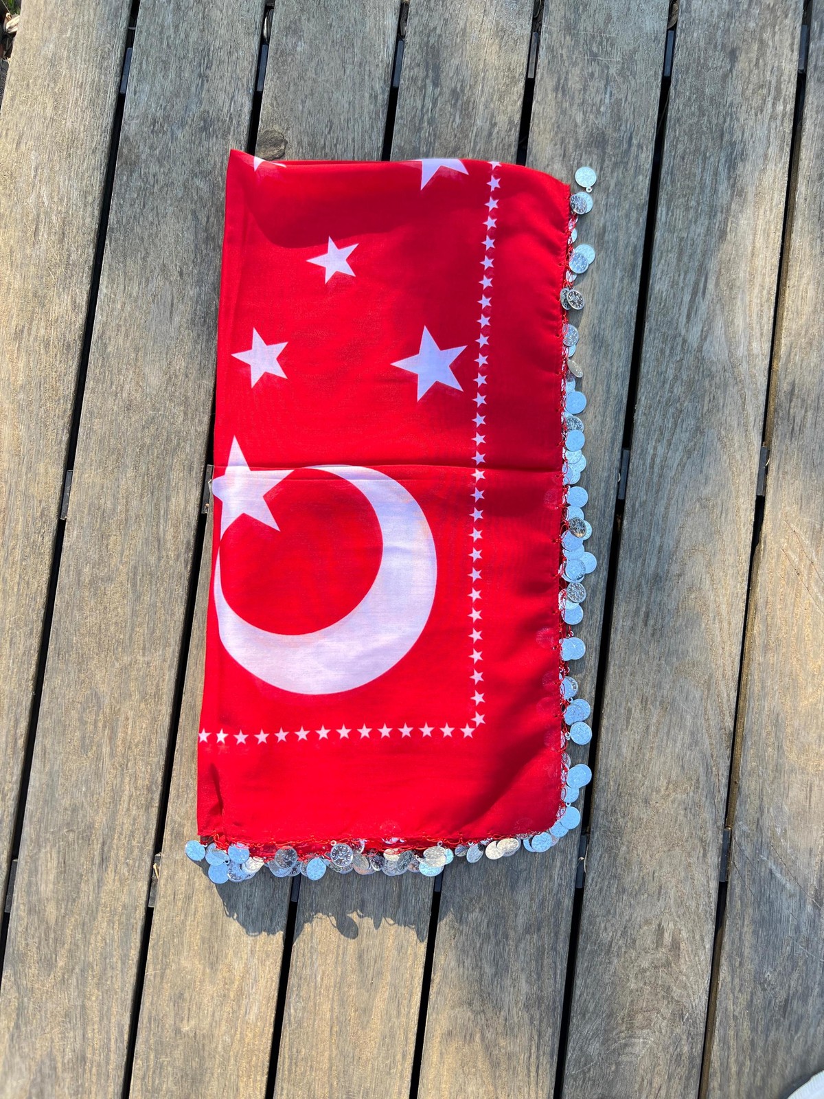Handmade Red Turkish Flag Beaded Headscarf Yazma 100×100 cm Unique Boho Vintage