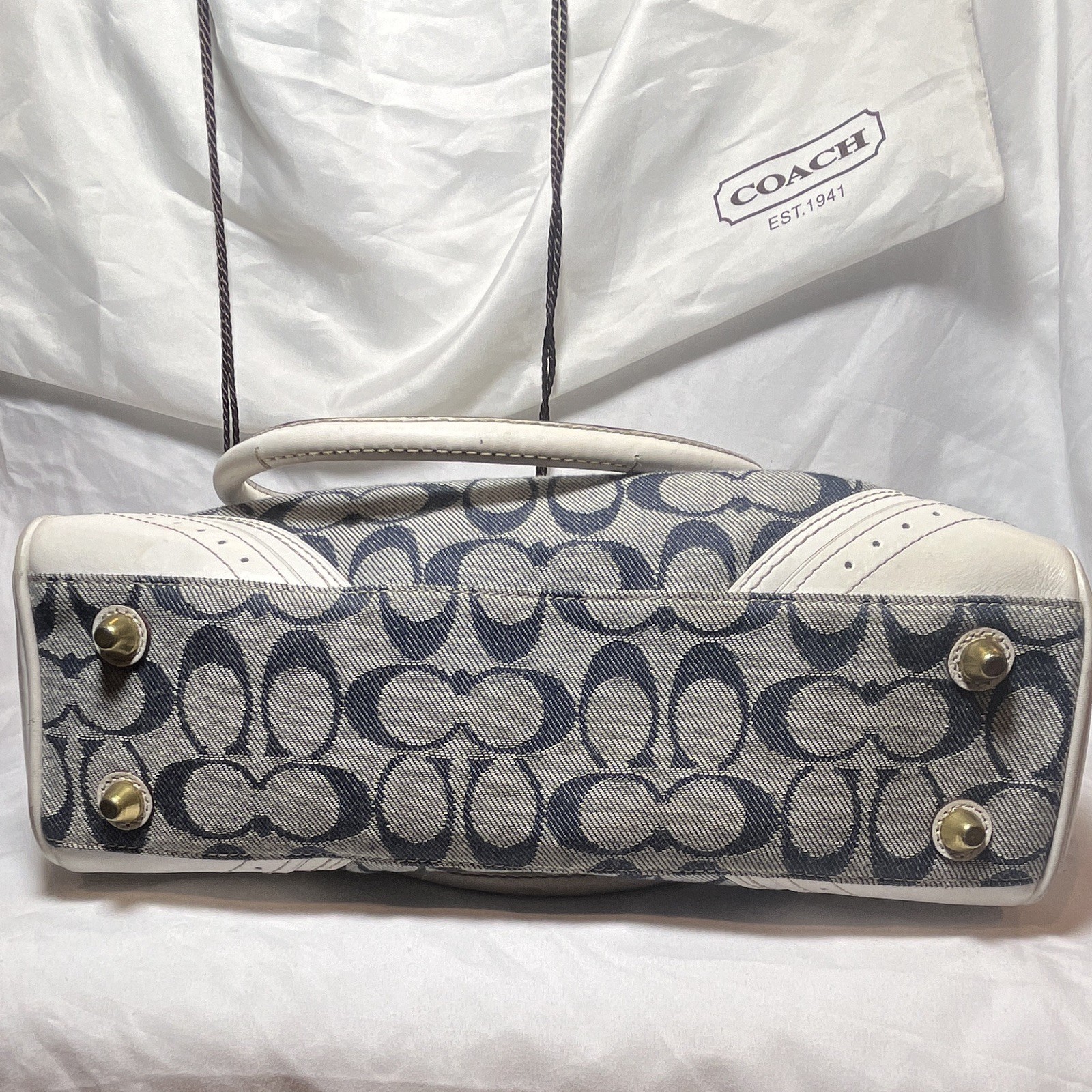 Coach Signature Logo Satchel Shoulder Bag, Blue/White, Tassel Charm, Zip