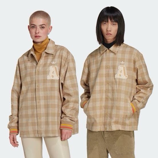 adidas Originals Plaid Coach Jacket Beige White Embroidered Logo Men Size M