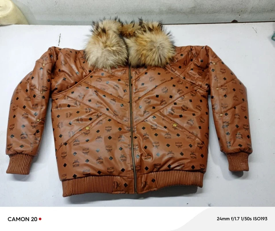 MCM Cognac Monogram Leather Puffer Jacket w/ Fur Collar + Matching Hat