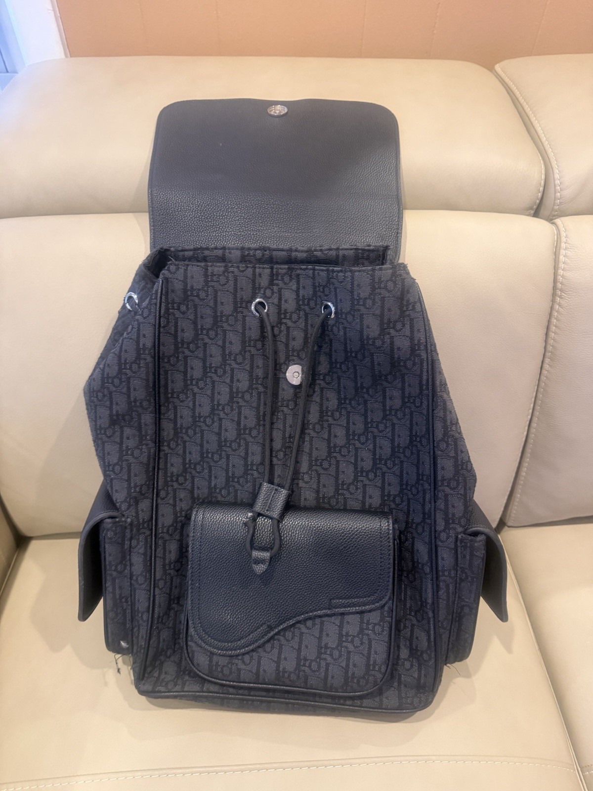 Dior Black Backpack Drawstring Flap Top Front Pocket