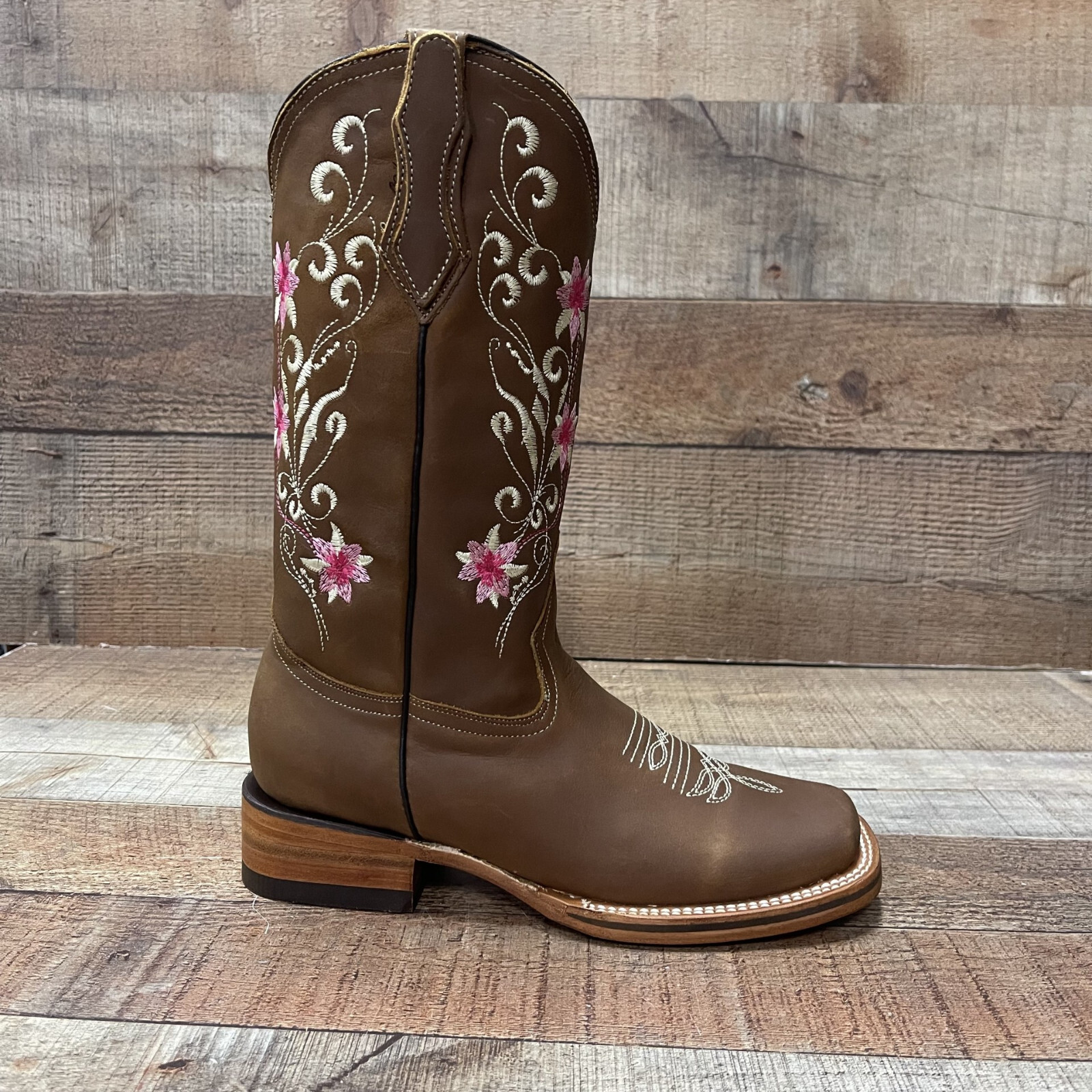 Women’s Western Rodeo Square Toe Cowgirl Boots Pink Flowers Nobuck Flor Rosa 804
