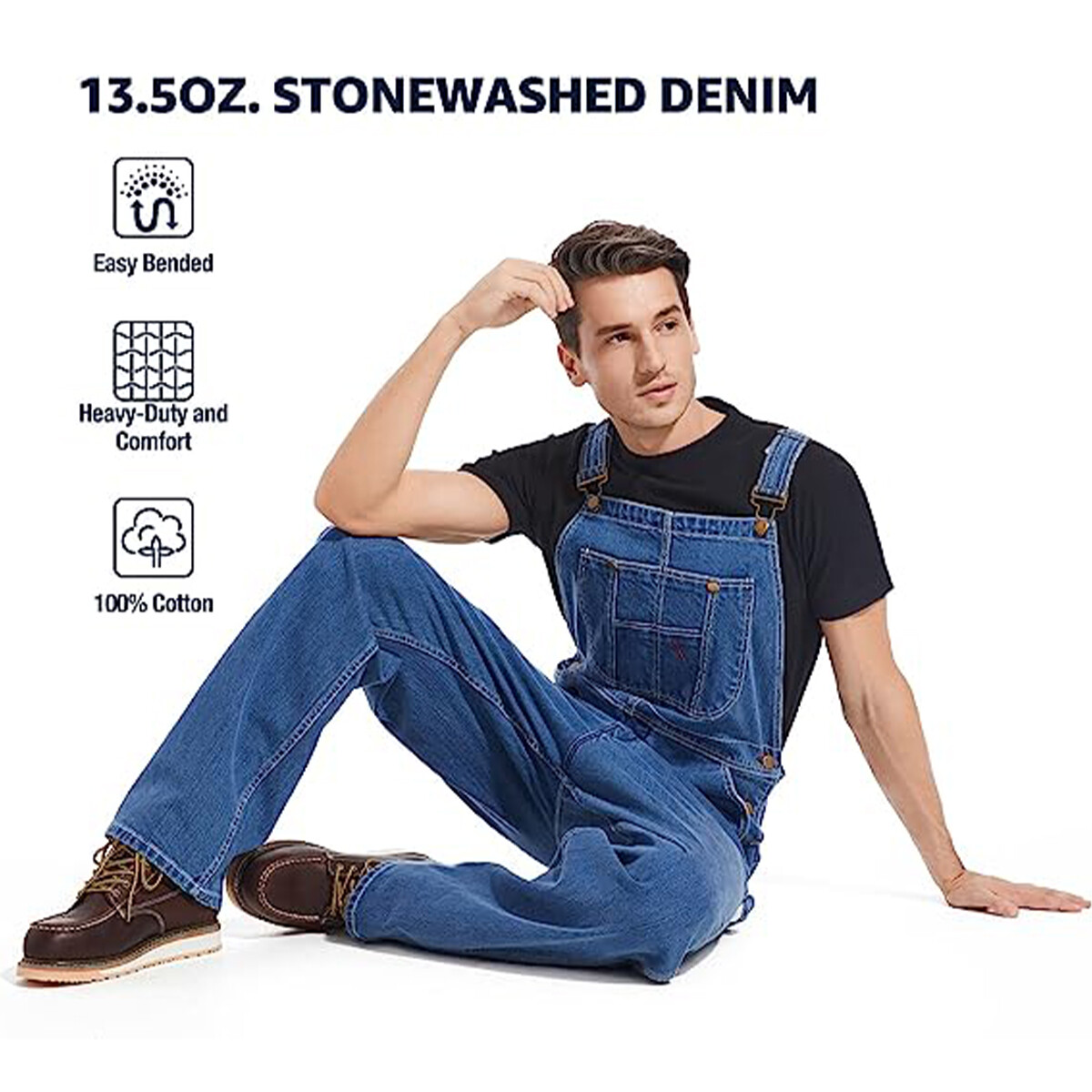 HISEA Mens Heavy Duty Denim Bib Overalls Relaxed Fit Workwear Dungarees Jumpsuit