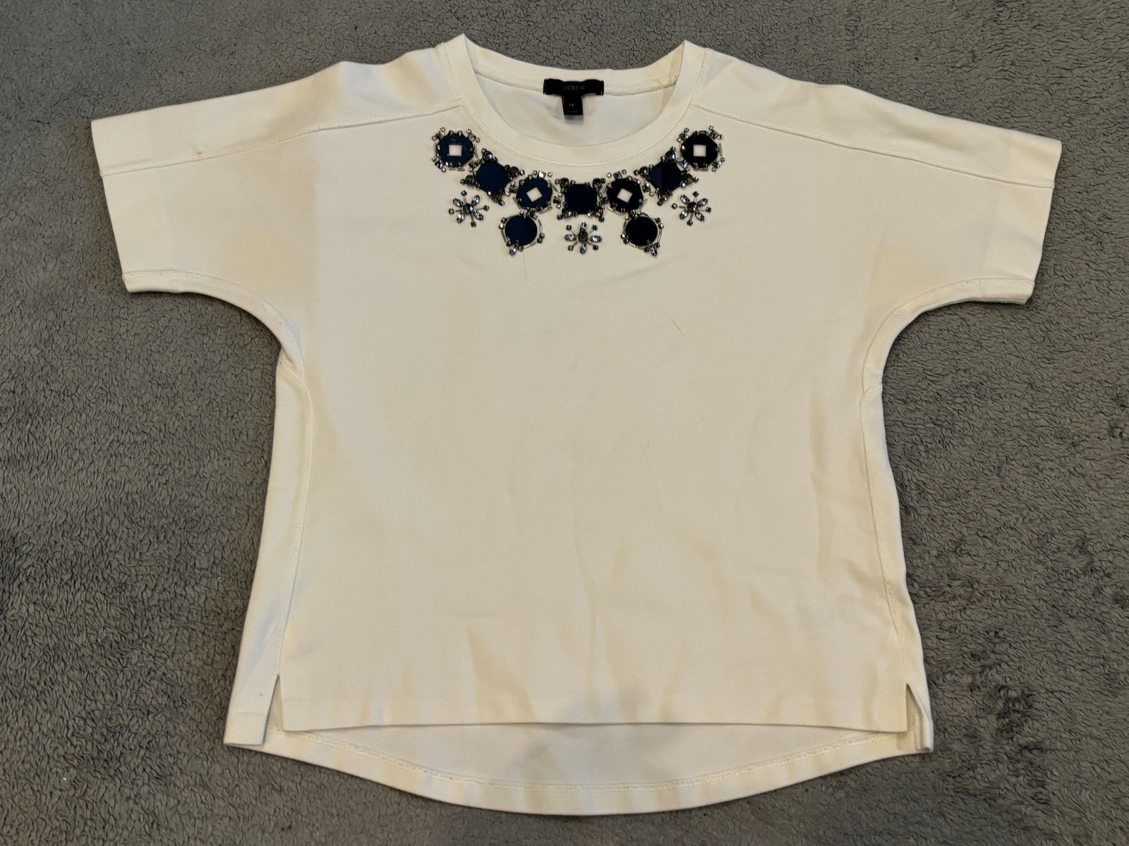 J Crew Structured Necklace Top XS White Embellished Blue Jewel Rhinestones