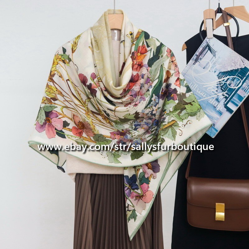 Sallys 70% Cashmere & 30% Silk Wrap Scarf Flowers Print Double Face Shawl 53″