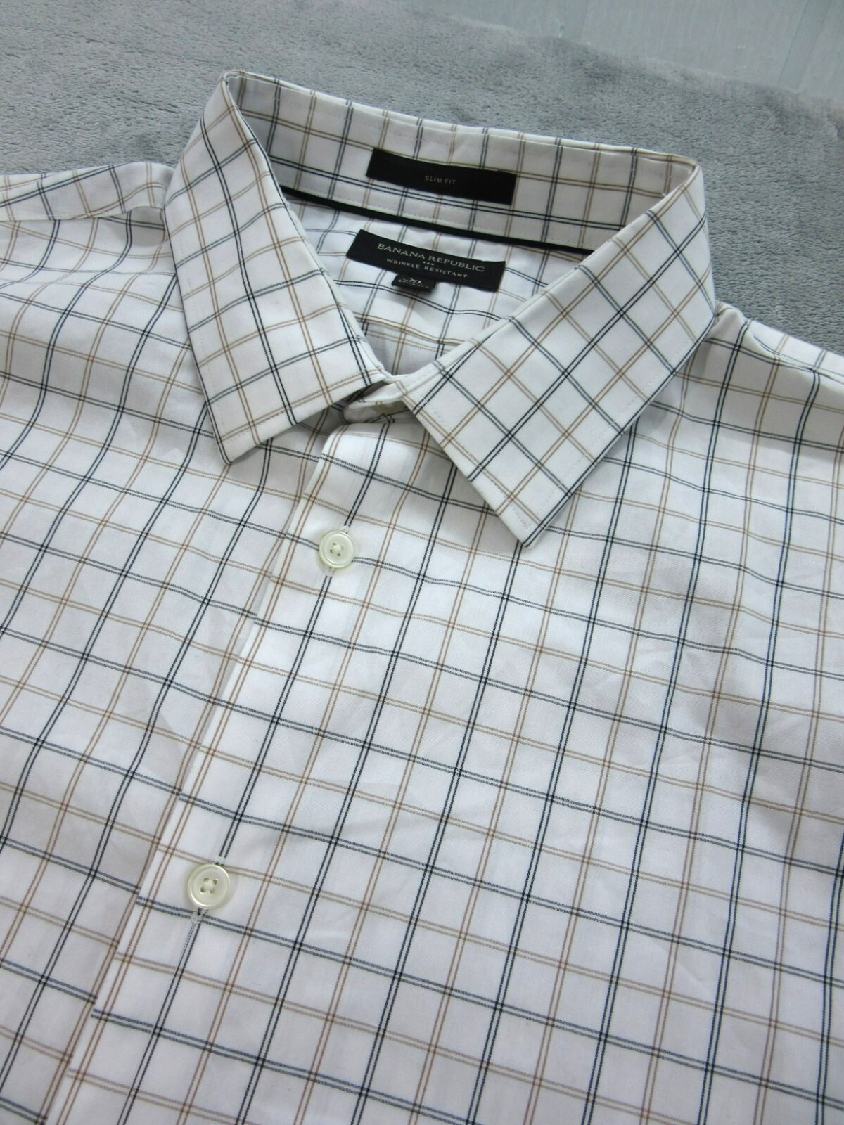 Banana Republic Shirt Mens XL Slim Fit Wrinkle Resistant Plaid Beige White