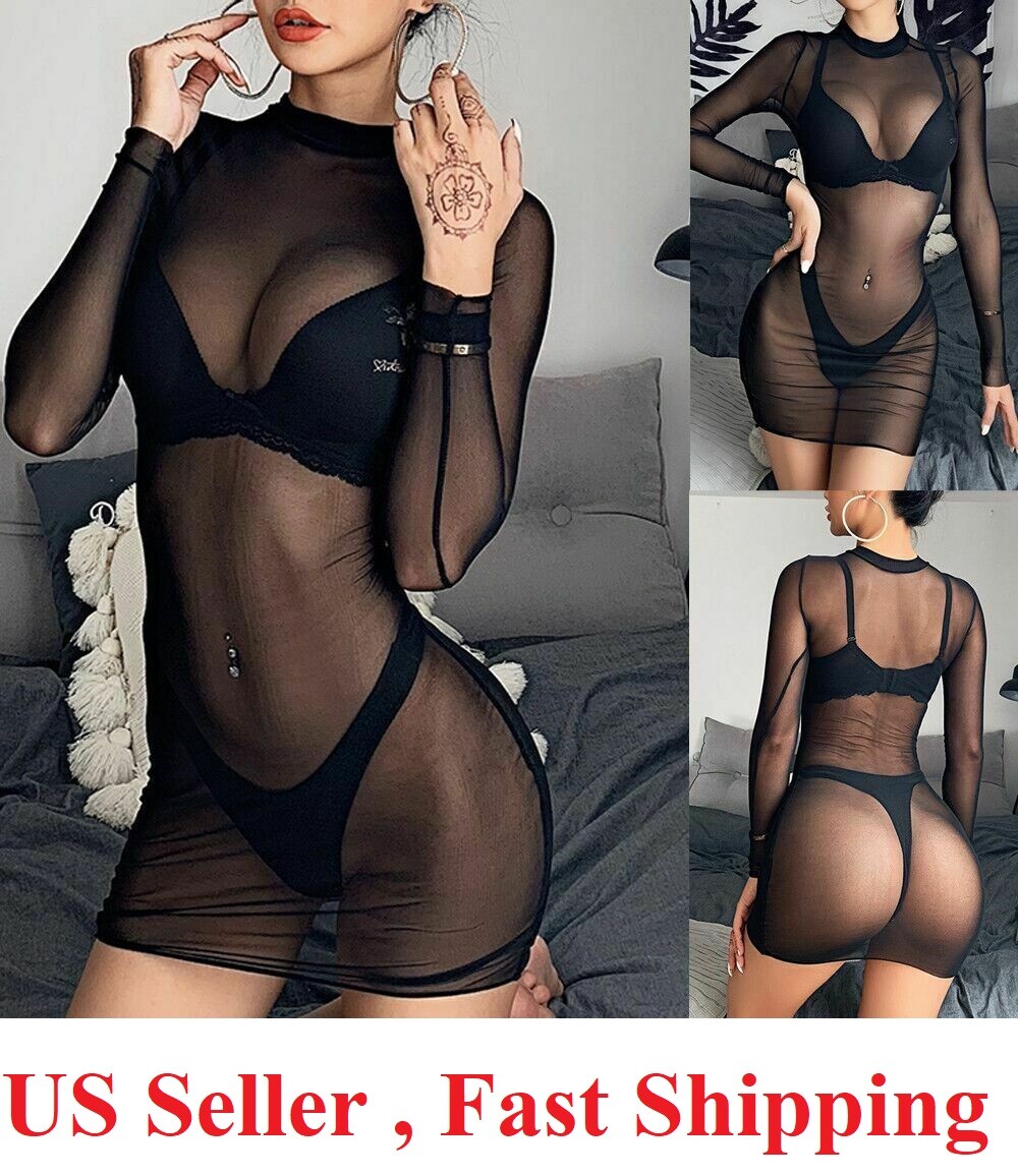 Women Sexy See Through Mesh Sheer bodysuit party dress Lingerie clubwear fishnet