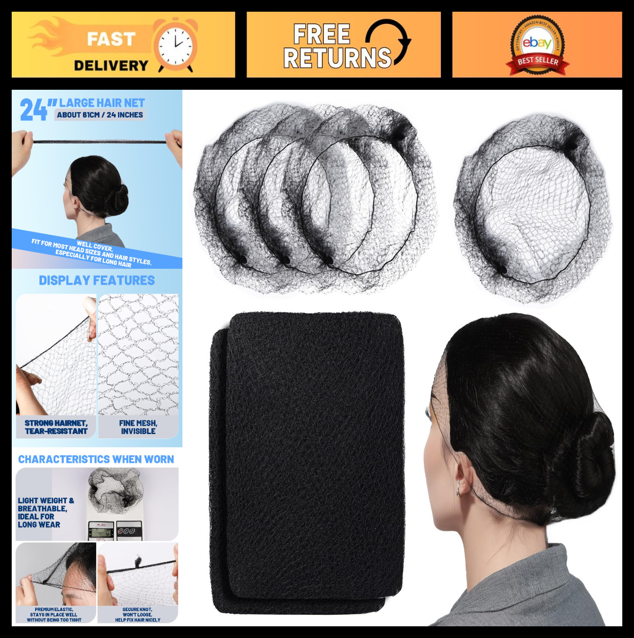 60 pcs Black Hair Nets for Food Service – Invisible Nylon Hairnets for Buns, 24