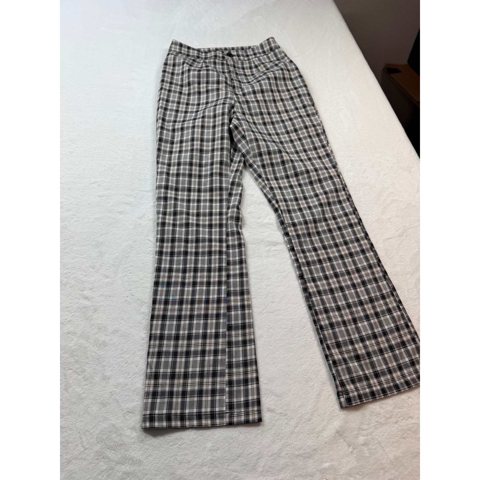 SHEIN Plaid Trousers Womens XS Black White Good High Waisted Flare Checkered