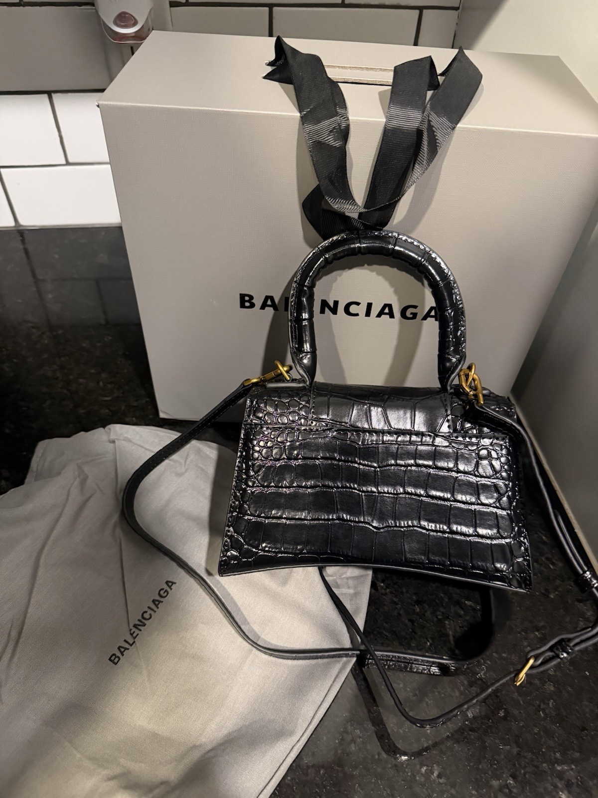 Balenciaga Black Croc Embossed Top Handle Bag w/ Gold B Logo & Strap
