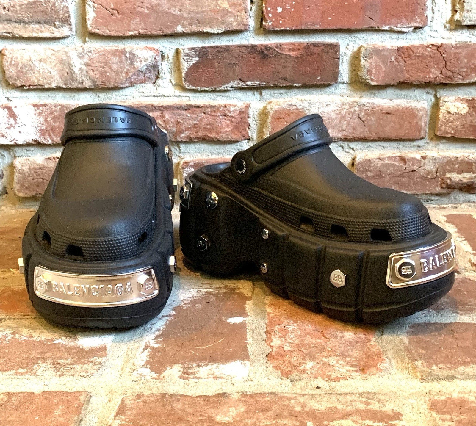 Balenciaga Crocs Black Hardcrocs Giant Platform Slides Silver Hardware W8 M6 NEW