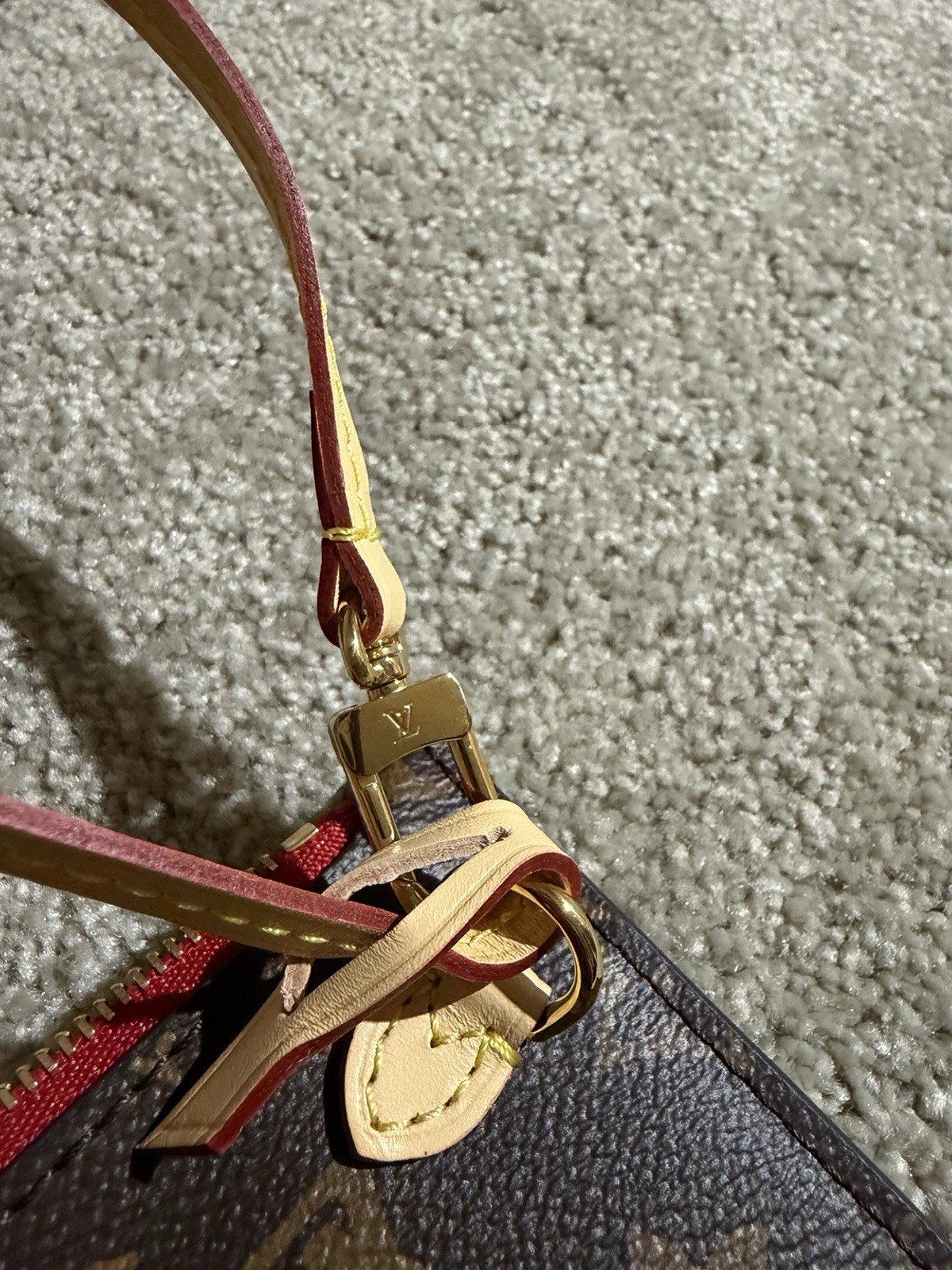 Louis Vuitton Monogram Wristlet Zip Pouch Brown/Red Lined Gold Hardware