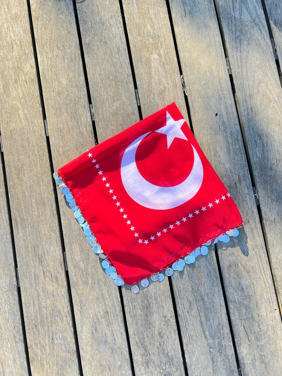 Handmade Red Turkish Flag Beaded Headscarf Yazma 100×100 cm Unique Boho Vintage