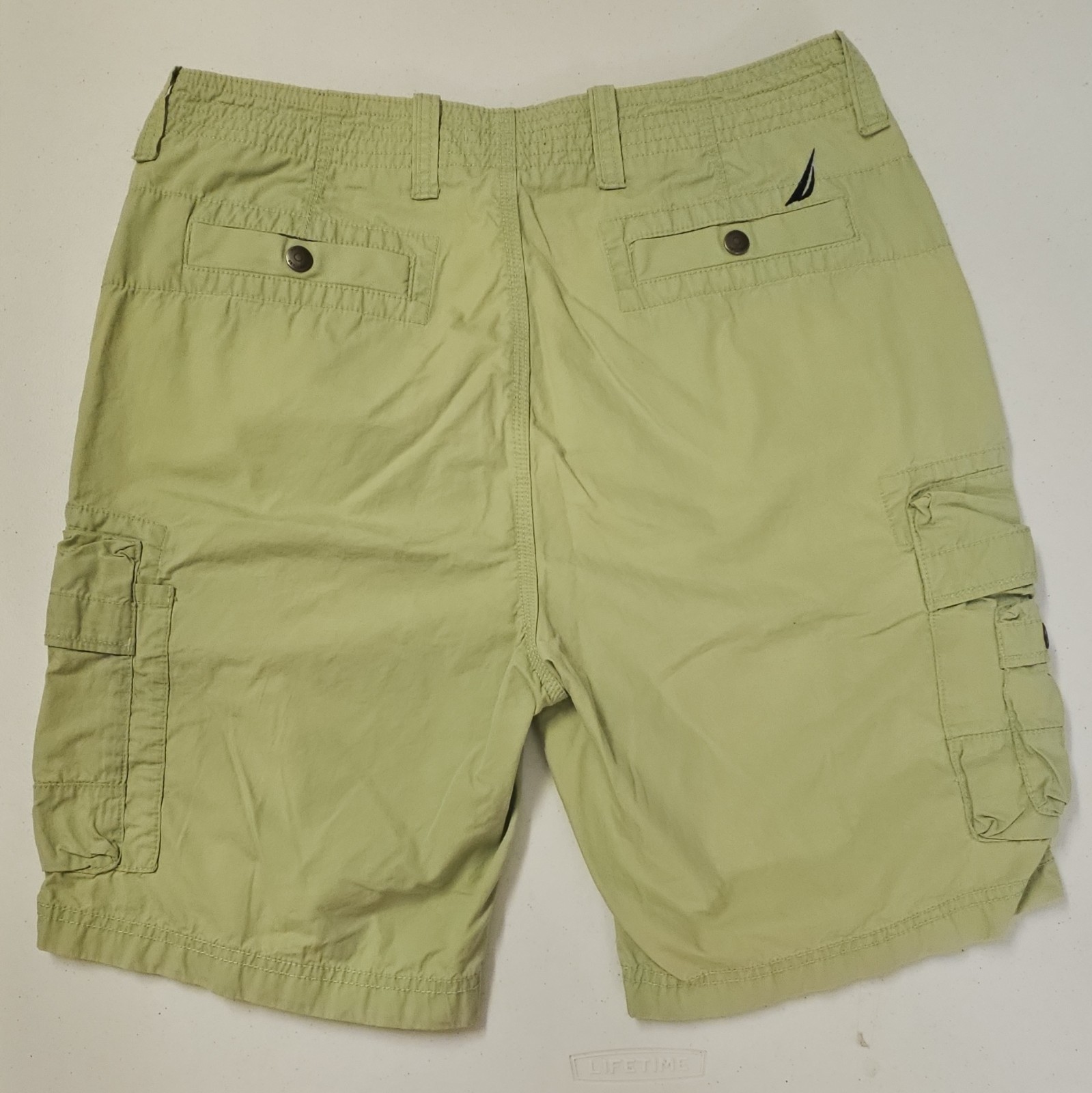 Nautica Men’s Green Cotton Canvas Cargo Flat Front Solid Shorts Zip Pockets