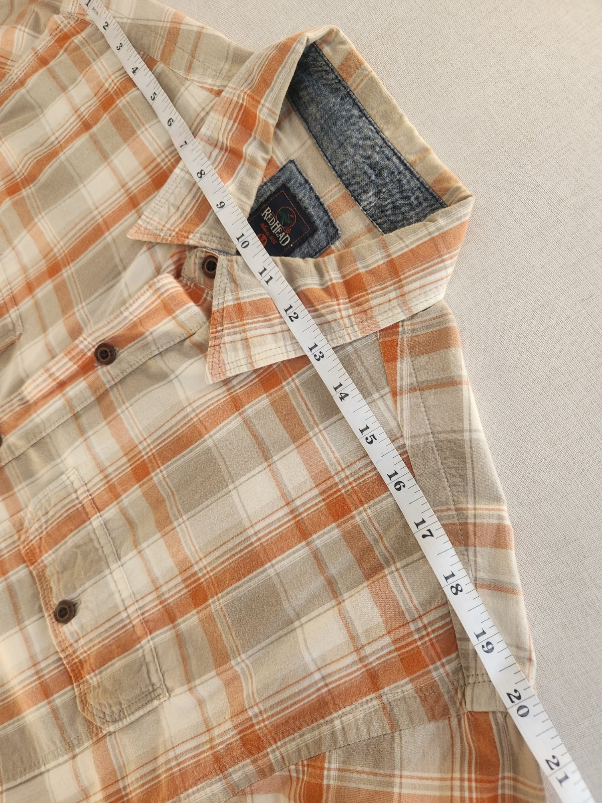 RedHead Men M Orange Beige Plaid Cotton Woven Short Sleeve Button-Up Pocket #043
