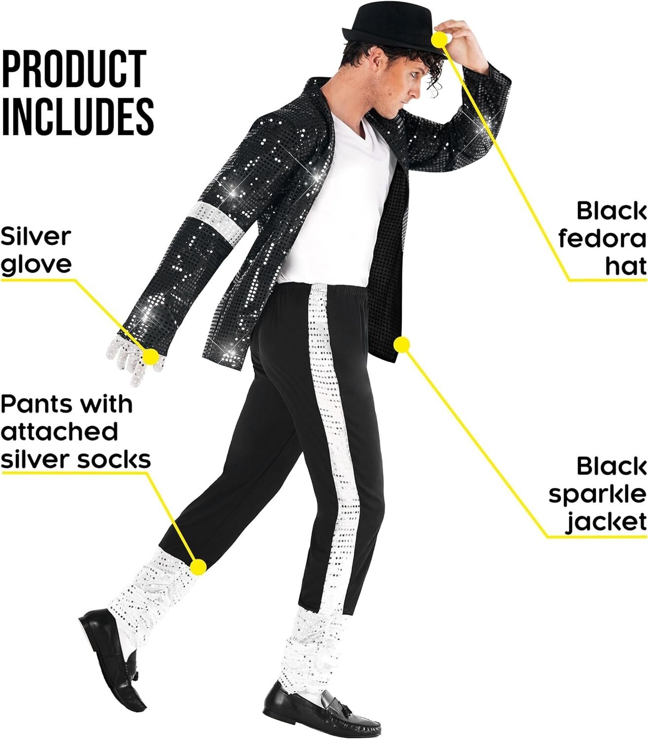 Men`s King of Pop Costume Adult 80s MJ Moonwalking Popstar Black Outfit M – 3XL