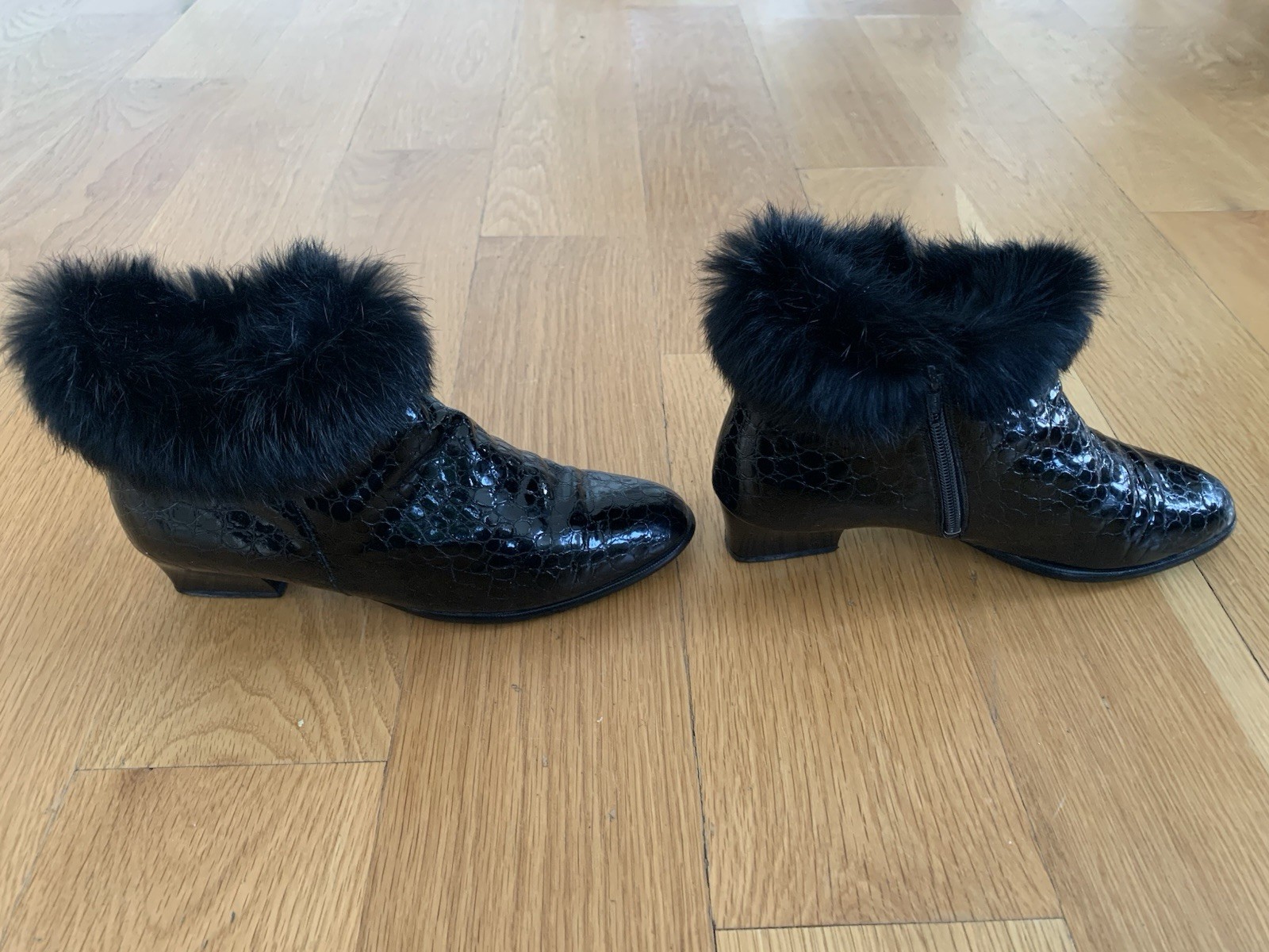 THERESIA Germany Black Patent Croc Ankle Boots Fur Trim Women’s 7.5 8 Vintage
